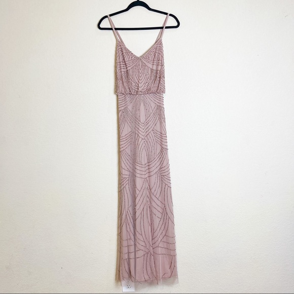 Adrianna Papell Spaghetti Strap Beaded Blouson Gown Taupe Pink Size 6 - Picture 2 of 13